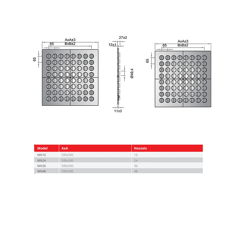 Multinozzle plafondrooster 596x596 mm - MN48 RAL9005 30% glans