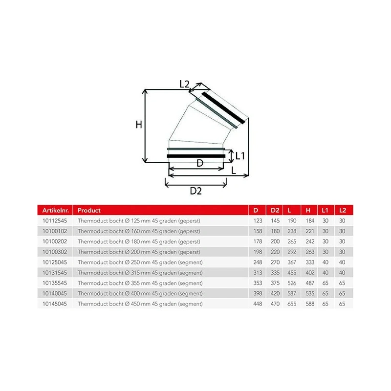 Thermoduct 13mm bocht diameter 400 mm 45 graden geisoleerd