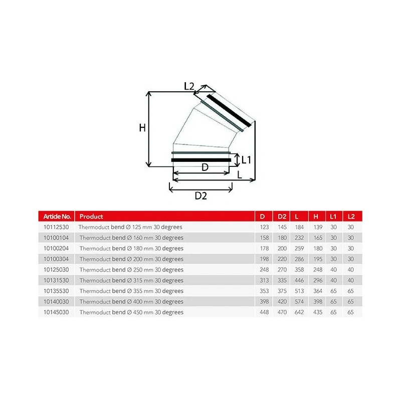 Thermoduct geïsoleerde bocht 30 graden diameter 250 mm