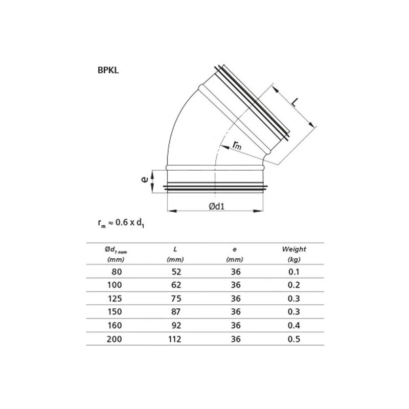 Korte ronde spiro bocht 45° Ø 160mm voor spirobuis