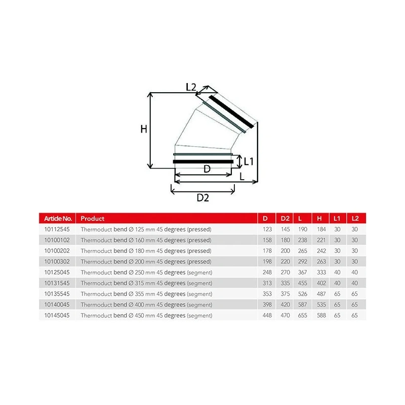 Thermoduct 13mm bocht diameter 250 mm 45 graden geisoleerd